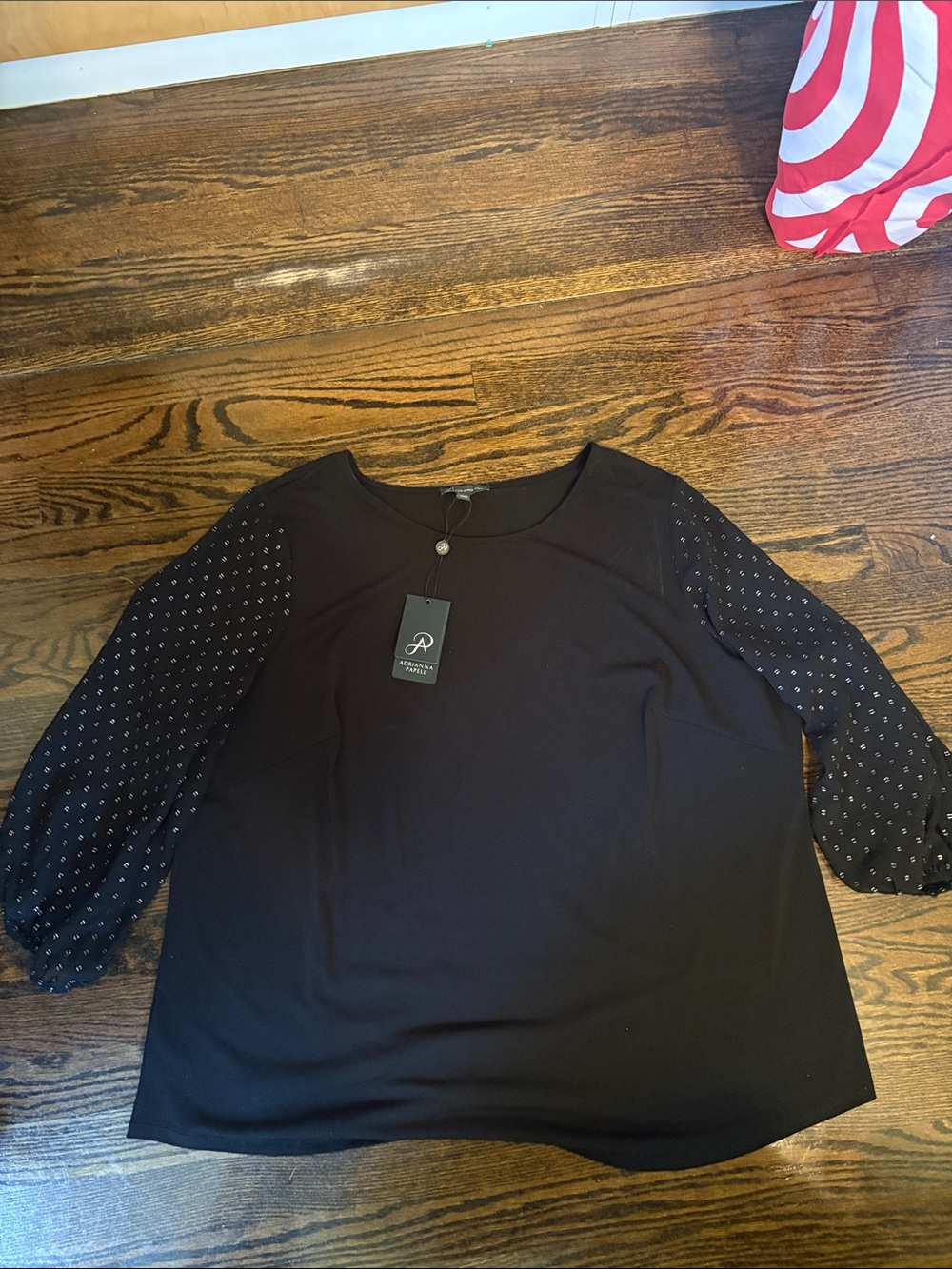 Avenue Black Blouse with Sheer Dot-Print Sleeves
